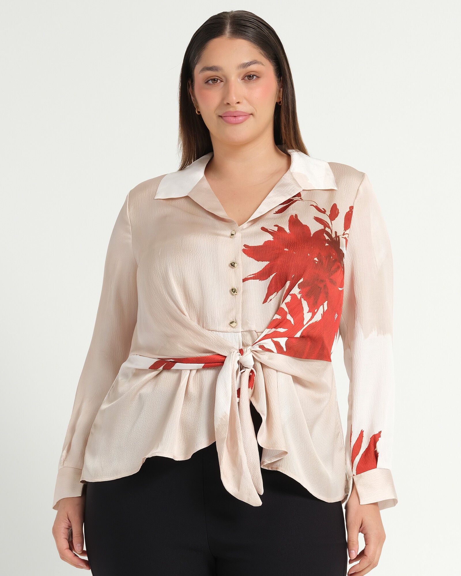Maisie Long Sleeve Tie Shirt, Natural Rosa / Red, alternate image number 1