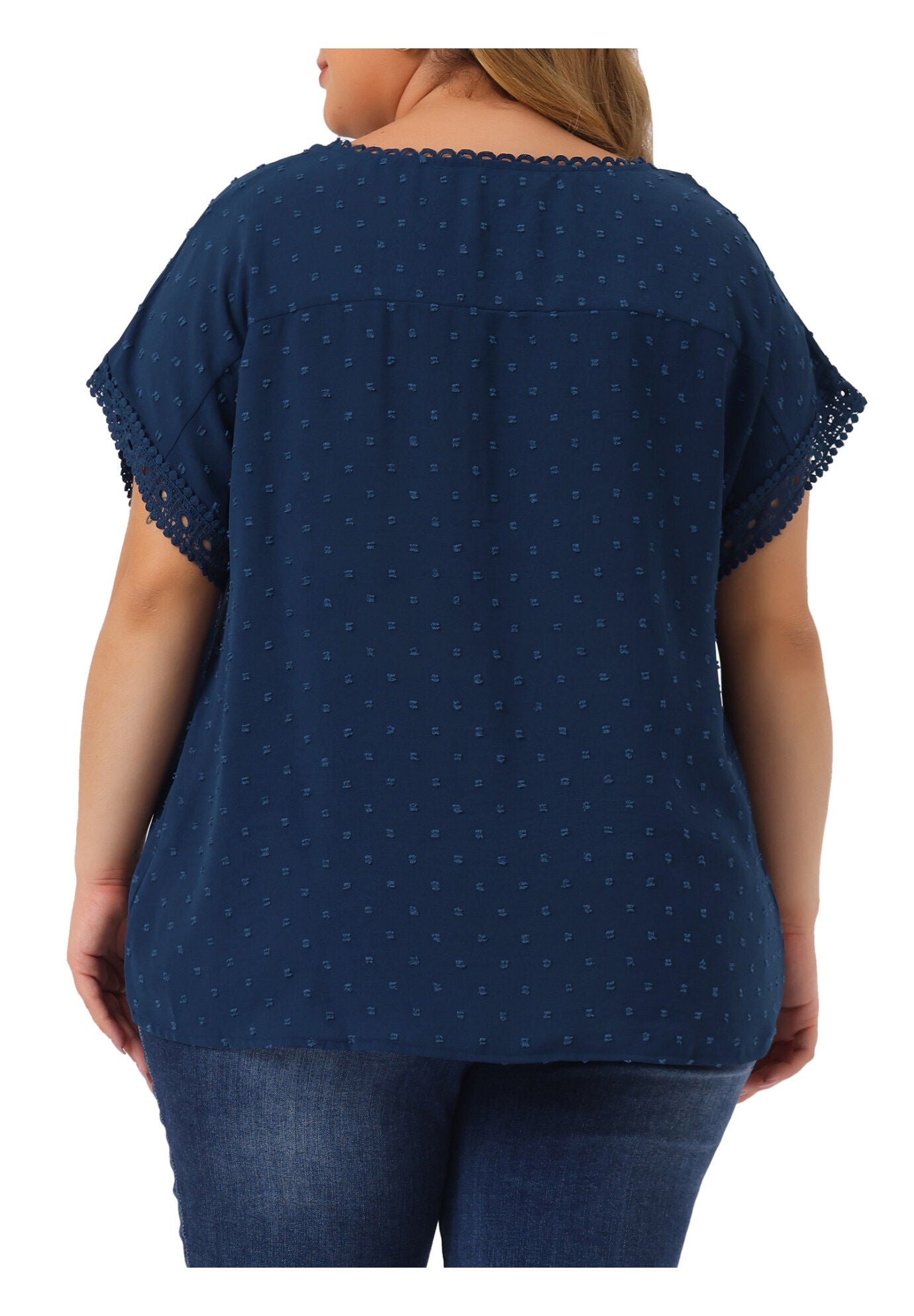 Swiss Dots Lace Crochet Short Sleeve Chiffon Blouse, Dark Blue / Navy, alternate image number 2