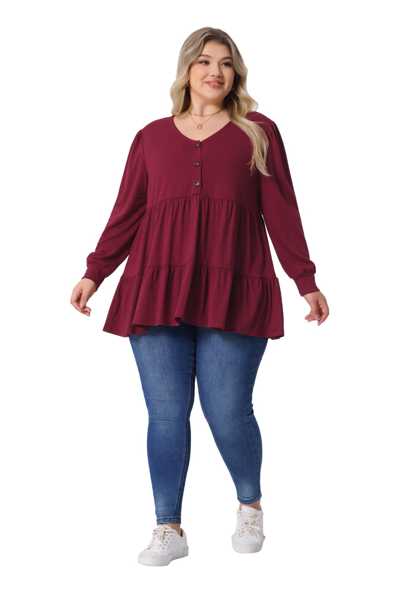 V Neck Long&nbsp;Sleeve&nbsp;Button Up Peplum Tunic Babydoll Top, Burgundy / Burgundy, hi-res image number 0
