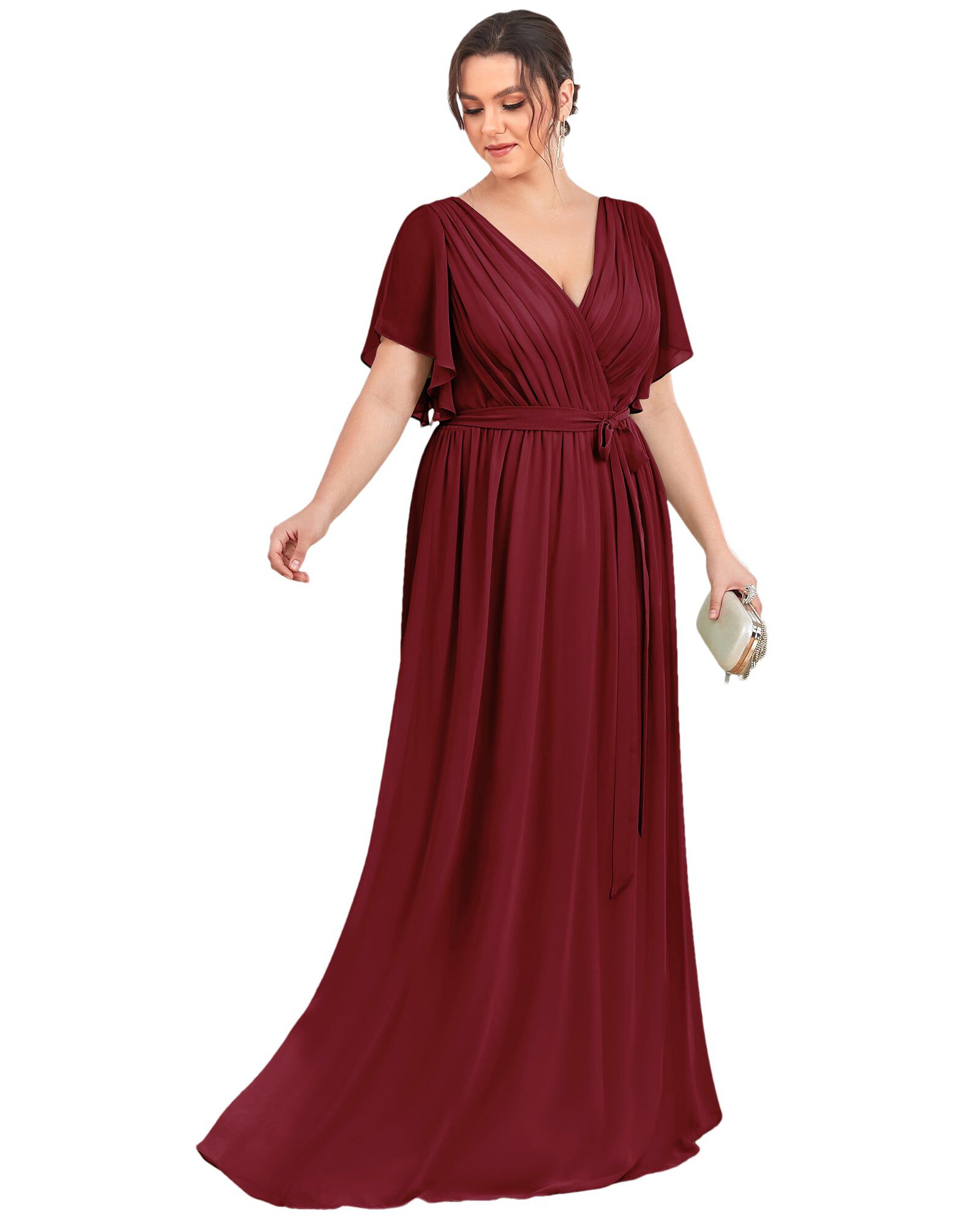 A-Line Pleated Chiffon Tie-Waist Evening Dress, Burgundy / Burgundy, alternate image number 3