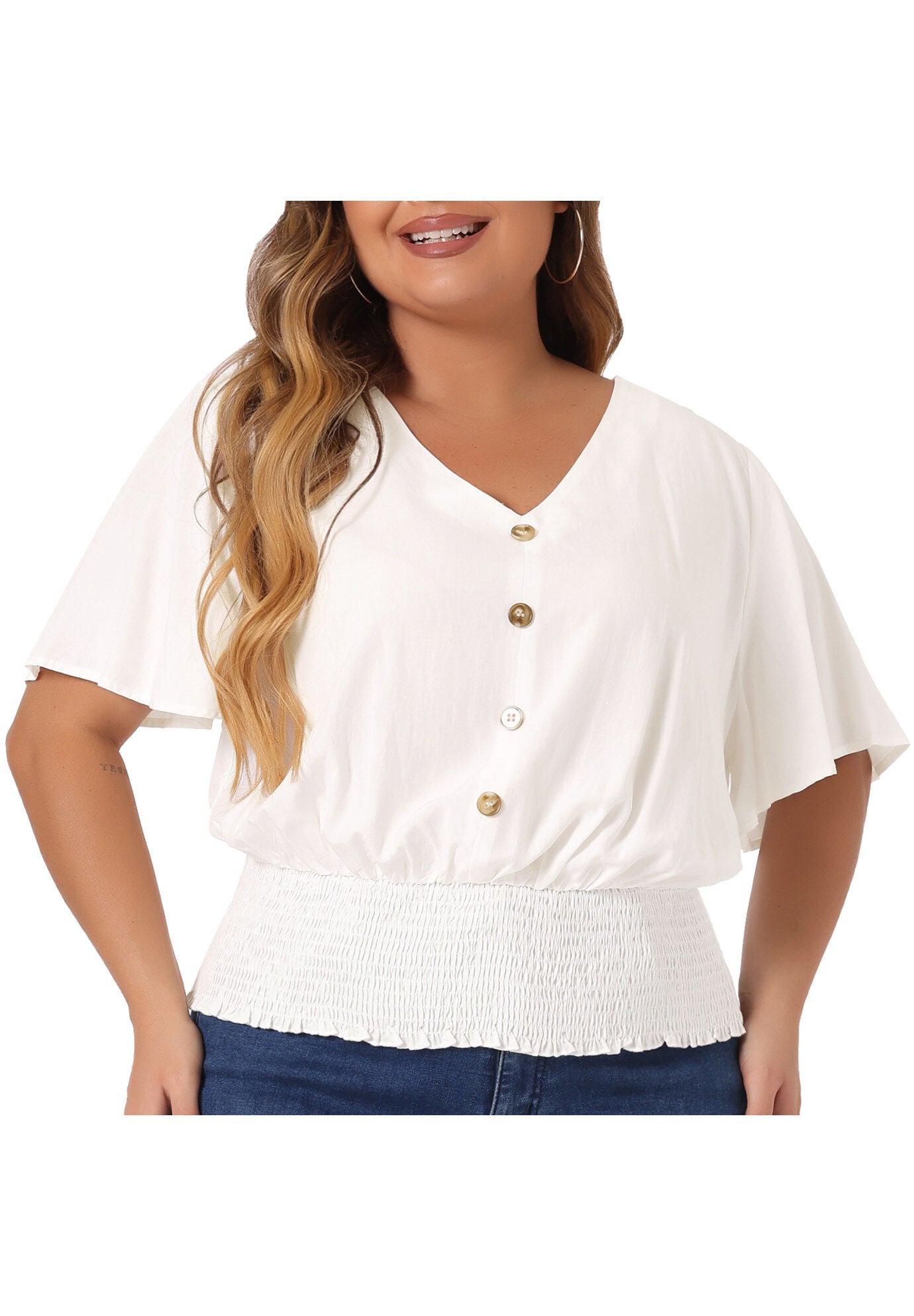 V Neck Button Up Short Sleeve Shirred Crop Shirt Blouse, White / White, alternate image number 2