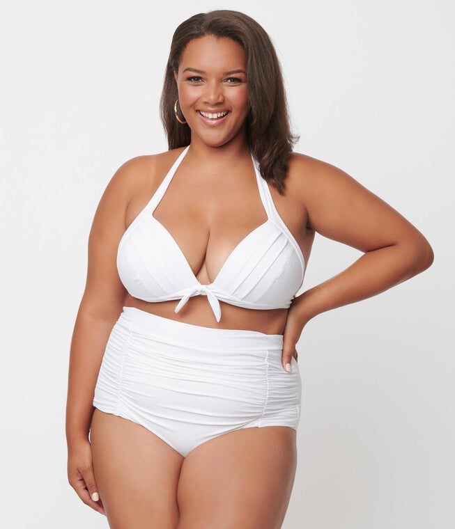 Unique Vintage Solid White Monroe High Waist Swim Bottom, , alternate image number null