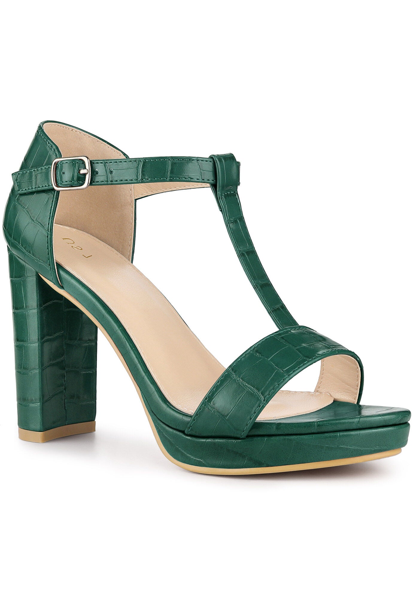Platform Print Embossed Ankle Strap Chunky Heels Sandals, Dark Green / Forest Green, hi-res image number 0
