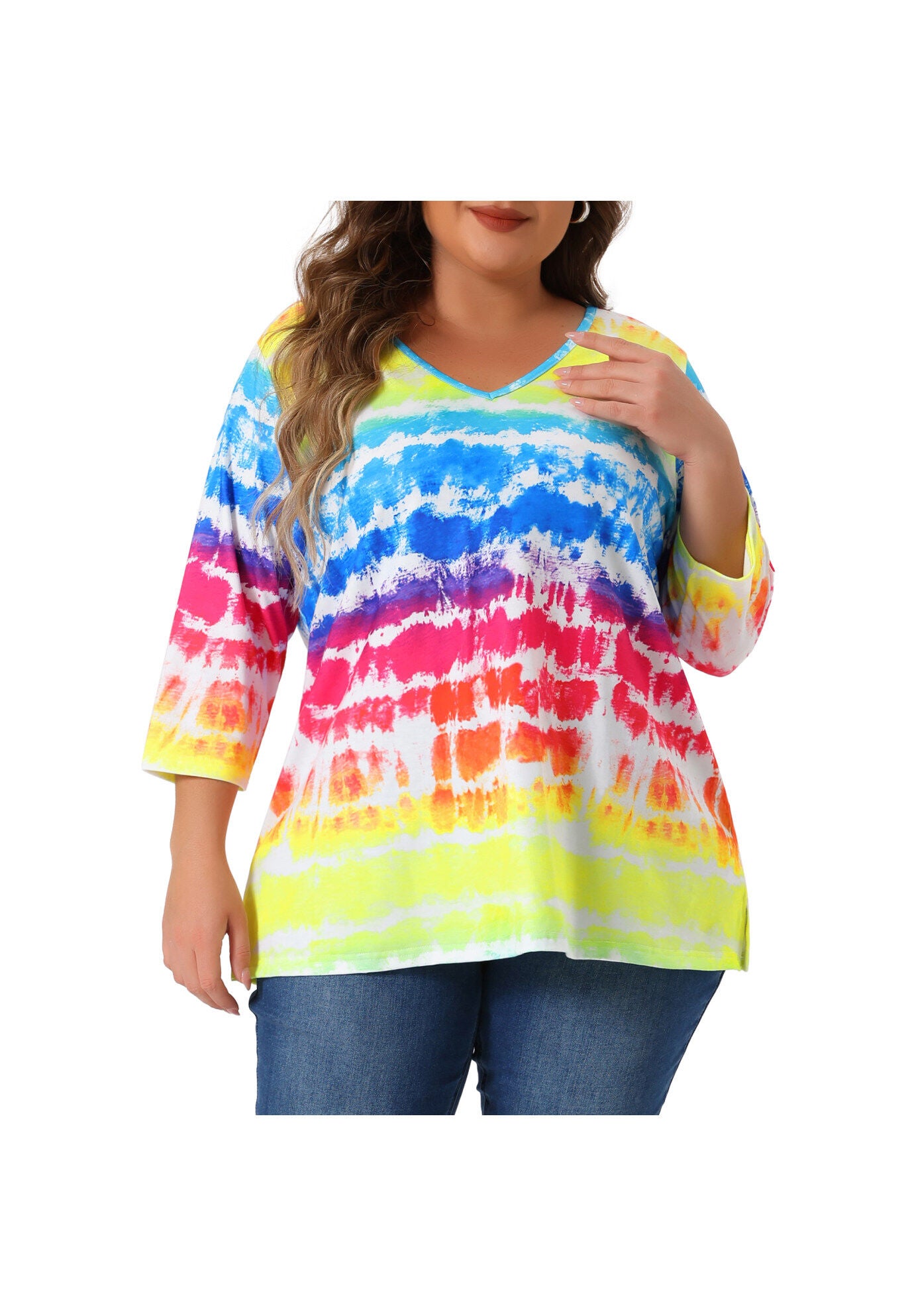 V Neck 3/4 Sleeve Loose Casual Striped Tie Dye Print T-Shirt Top, Rainbow / Yellow, alternate image number 1