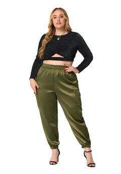 SATIN JOGGERS ELASTIC WAIST ATHLEISURE ANKLE LENGTH CARGO PANTS