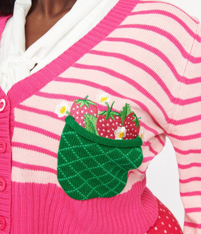 Smak Parlour 1960s Pink Stripes & Strawberry Pocket Cardigan, Pink Stripes Strawberry / Pink, alternate image number null