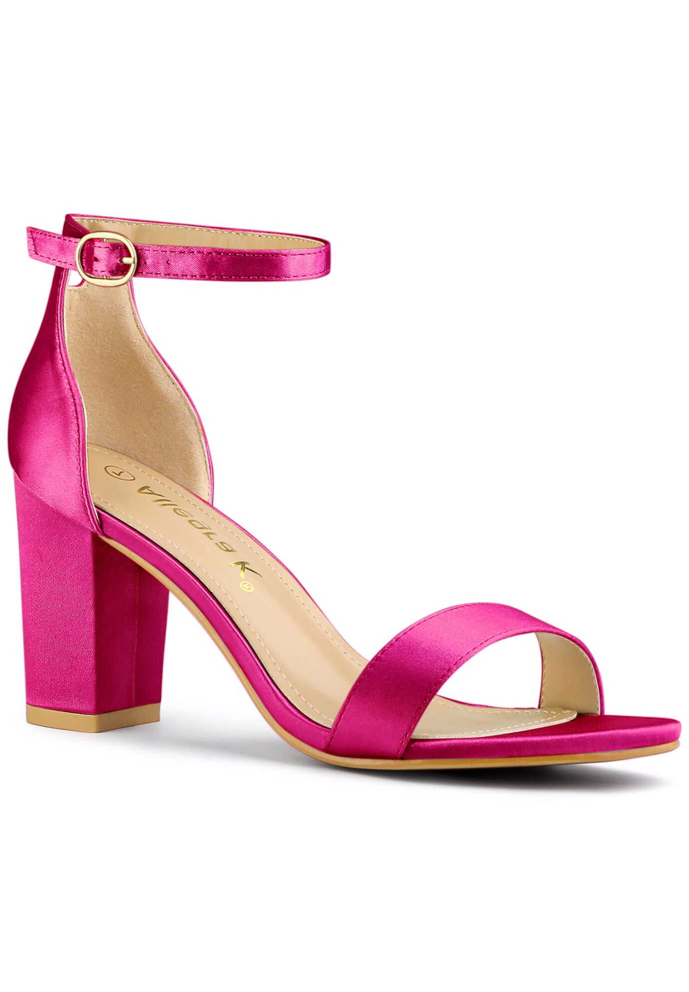 Satin Open Toe Ankle Strap Chunky Heels Sandals, Fuchsia / Deep Fuchsia, hi-res image number 0