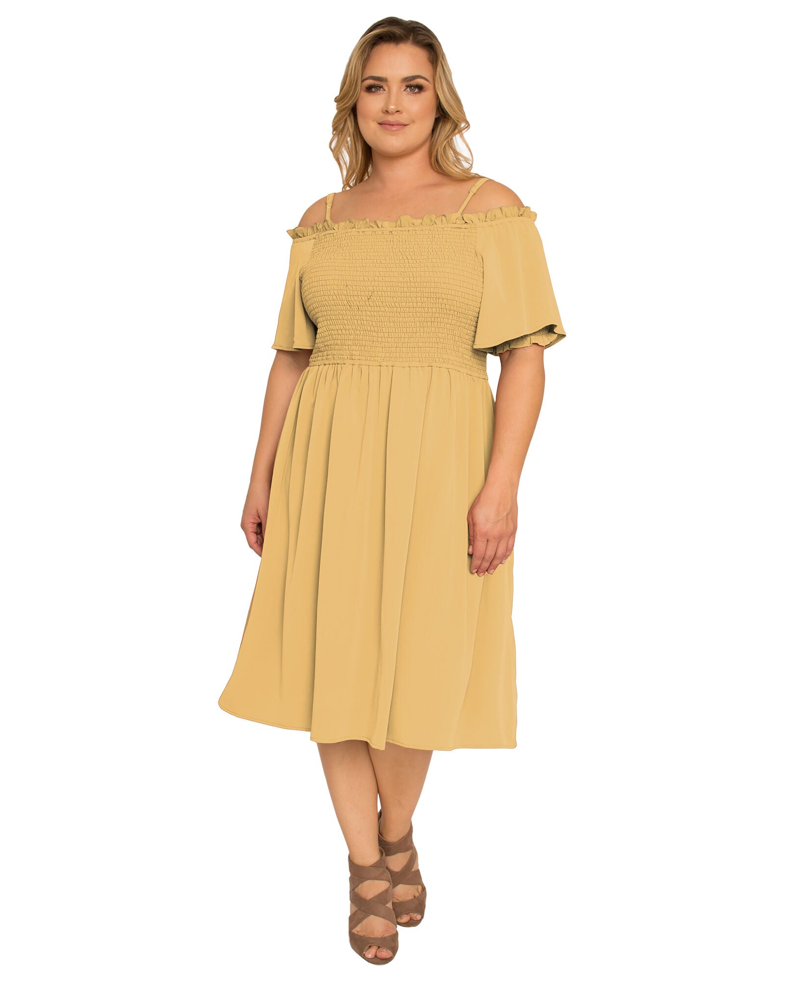 Gabi Plus Size Off The Shoulder Smocked Georgette Dress, Pale Banana / Light Yellow, alternate image number 1