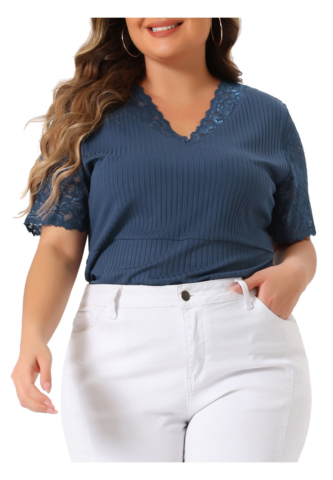 V Neck Short Sleeve Lace Ribbed Knit Tunic Top, Navy Blue / Navy, alternate image number 1