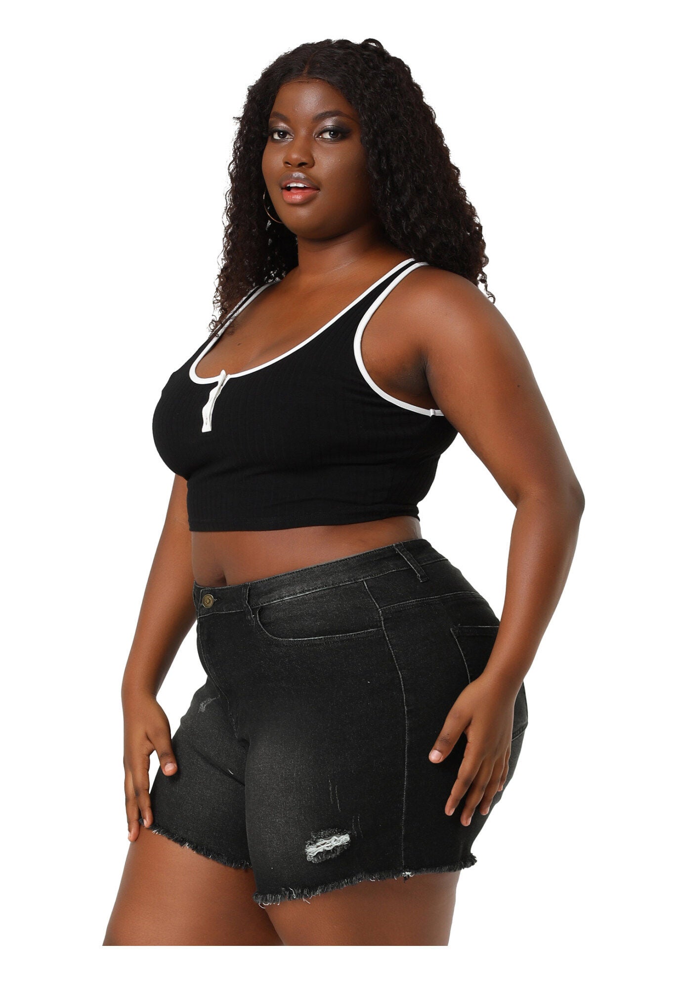 HIGH WAISTED RIPPED STRETCHY DENIM JEAN SHORTS, Black / Black, alternate image number 3