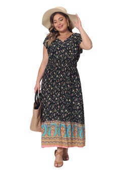 V Neck Ruffle Sleeve Boho Floral Maxi Long Dress