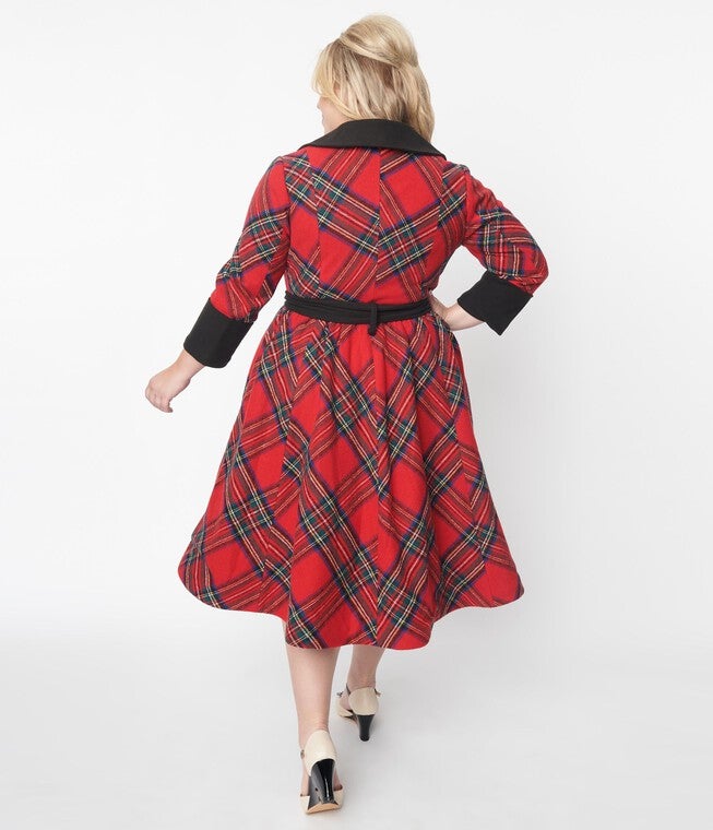 Unique Vintage Red Tartan Plaid Swing Coat, Red Plaid / Red, alternate image number null