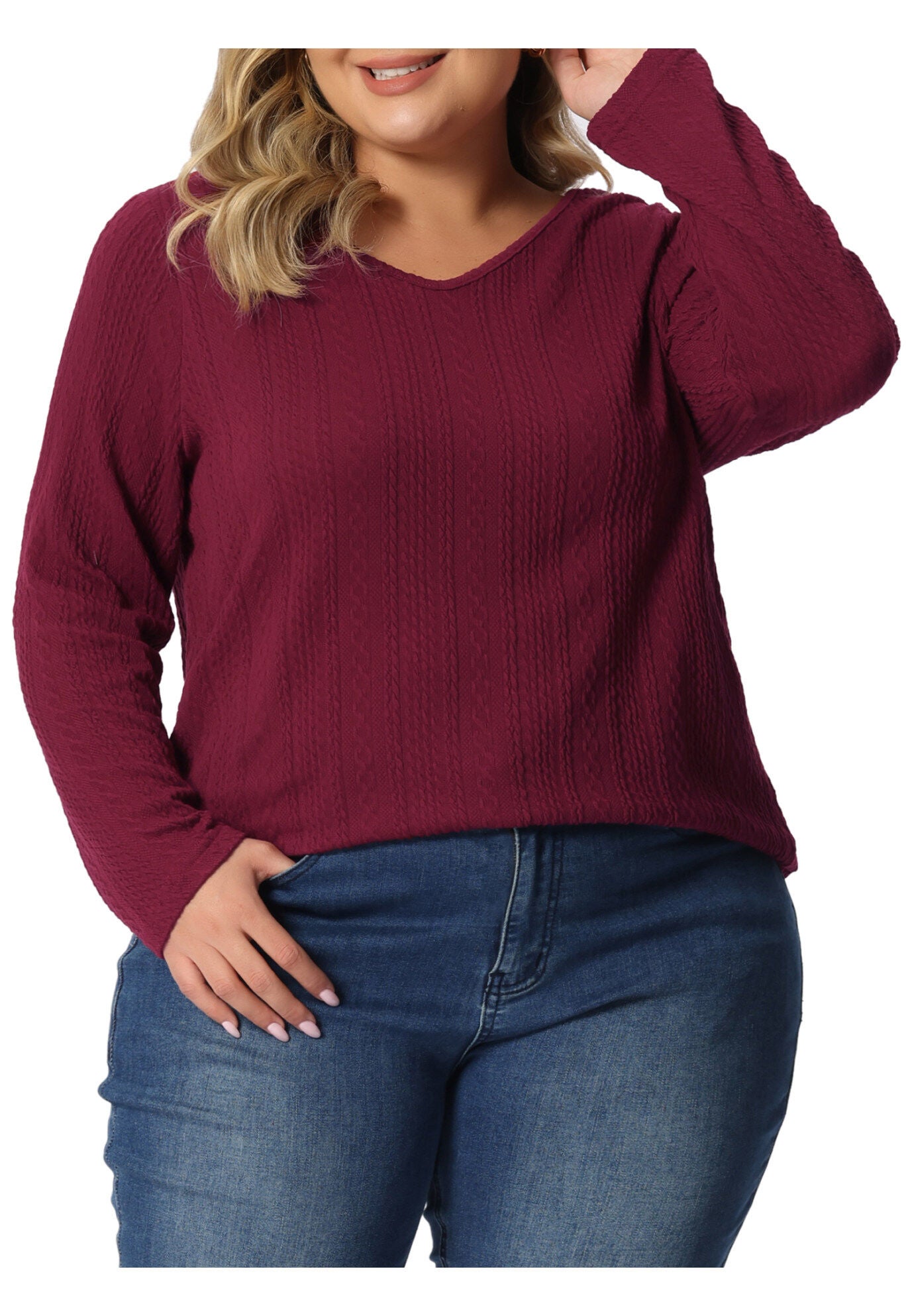 V Neck Long Sleeve Basic Knit Top Tee T-Shirt, Burgundy / Red, alternate image number 1