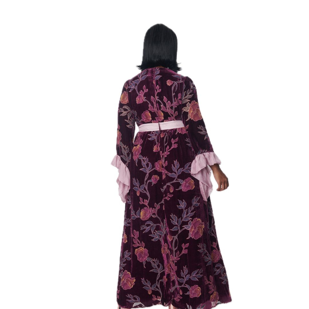 Unique Vintage Purple Floral Burnout Velvet Maxi Dress, , alternate image number 3
