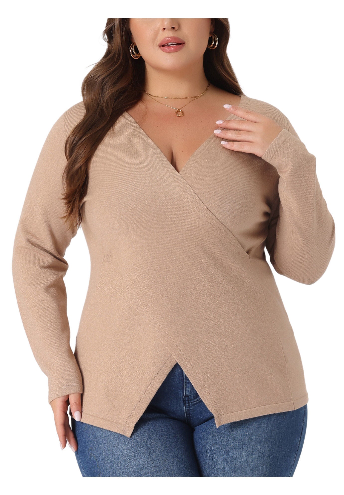 Wrap V Neck Criss Cross Asymmetrical Knit Top, Khaki / Brown, alternate image number 1