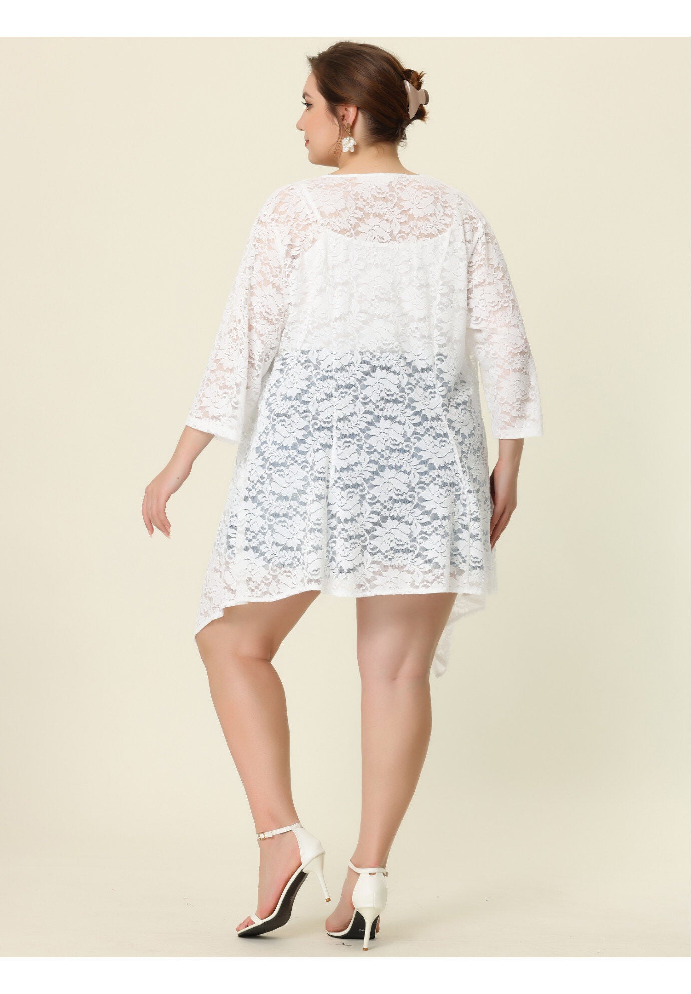OPEN FRONT 3/4 SLEEVES CROCHET CARDIGAN COVER UP, White / White, alternate image number 3