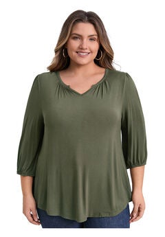 Smocked 3/4 Sleeve Notch V Neck Shirt Blouse