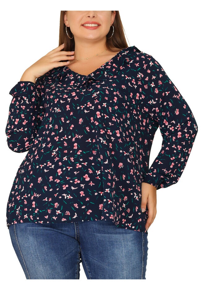 Long Sleeve Floral Top Ruffle V Neck Casual Blouse, Navy Blue / Navy, alternate image number 2