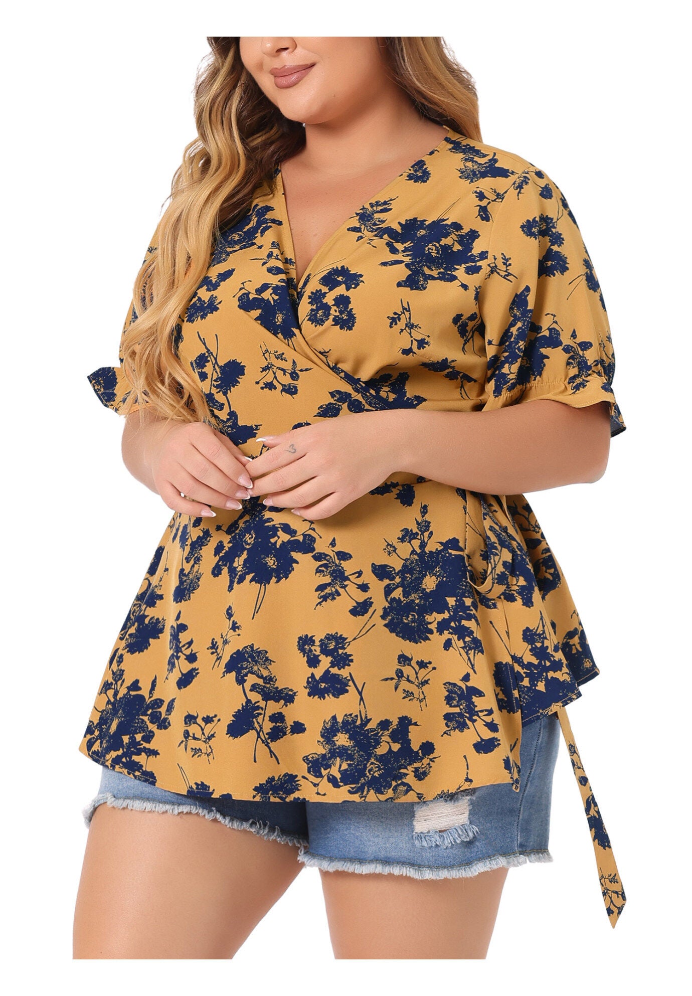 Floral Ruffle Sleeve Faux Wrap Peplum Blouse, Yellow / Yellow, alternate image number 1