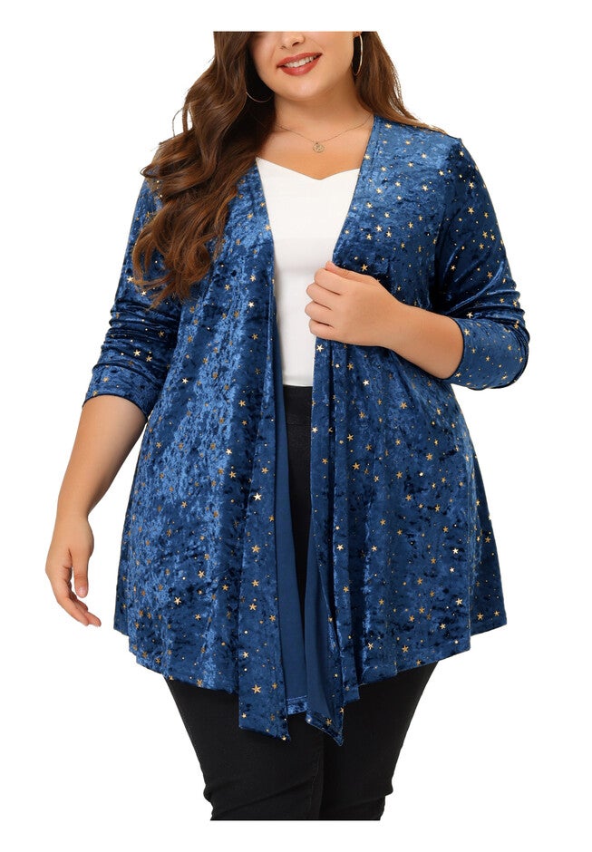 OPEN FRONT DRAPED SHINY VELVET CARDIGAN, Blue / Navy, alternate image number 1