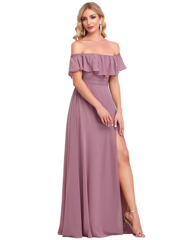 Women's Off Shoulder Ruffle Thigh Slit Bridesmaid Dresses, , alternate image number 8