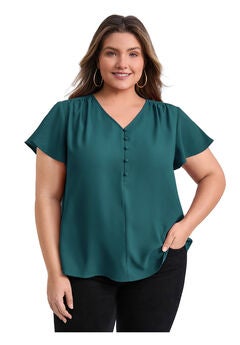 Pleated Ruffle Short Sleeve V Neck Button Decor Blouse Top