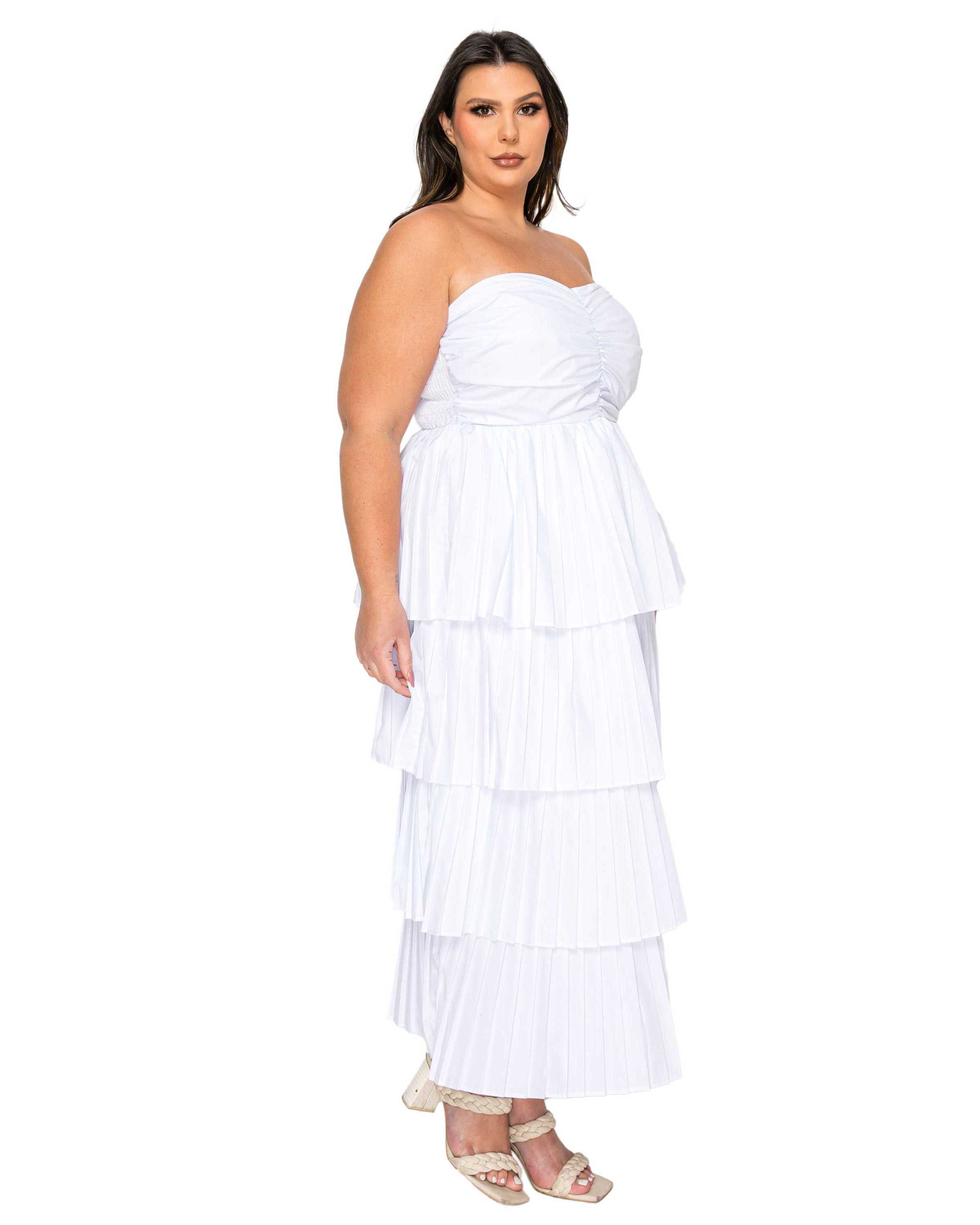 ELENI STRAPLESS PLEATED TIERED DRESS, White / White, alternate image number 1