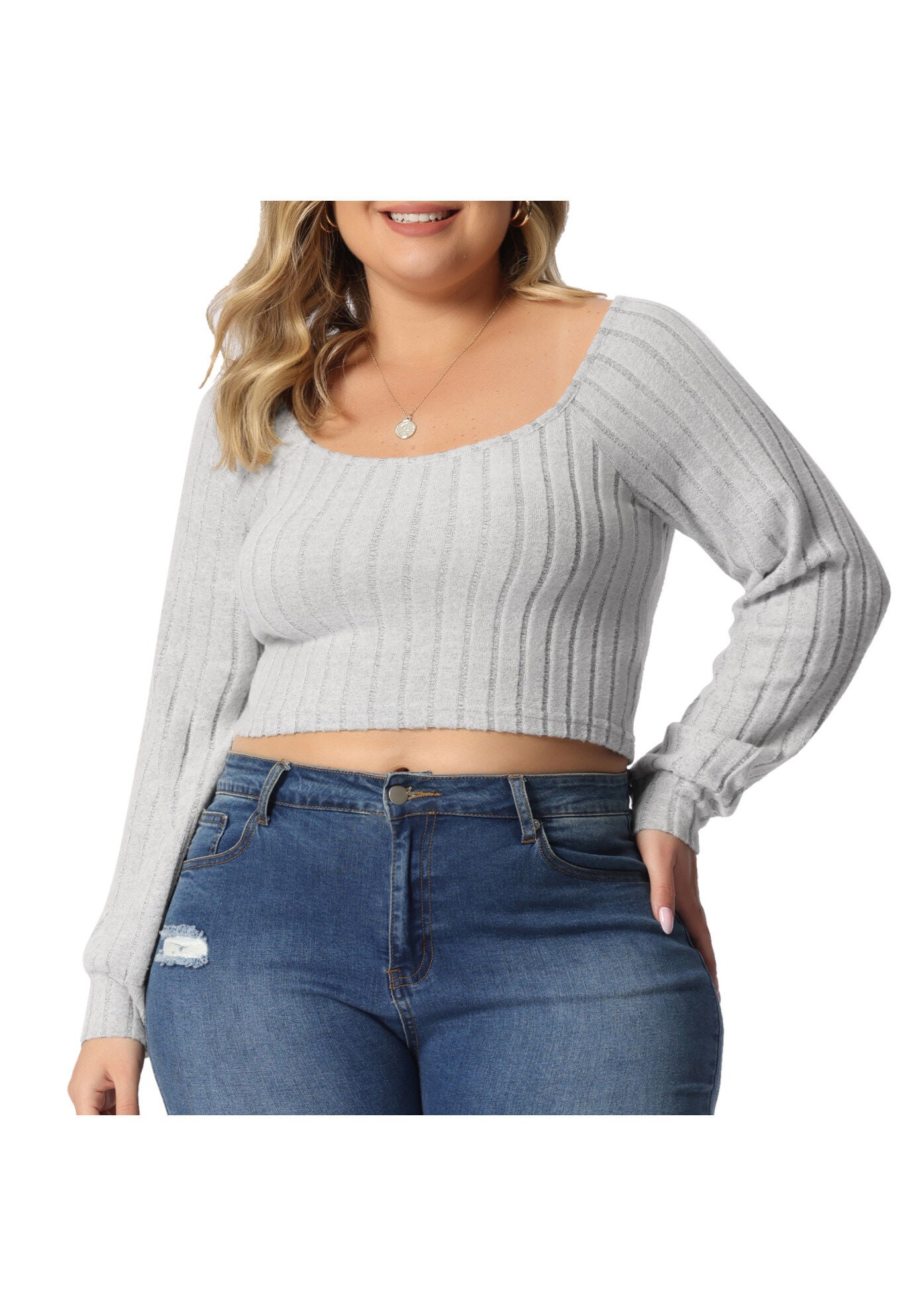 Square Neck Long Sleeve Slim Fitted T-Shirt Crop Tee Top, Gray / Light Green, alternate image number 1