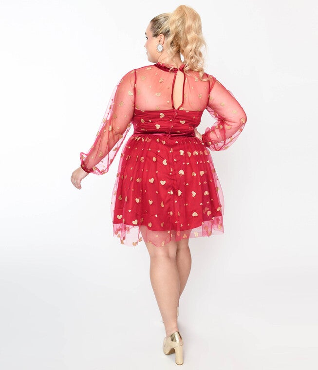 Unique Vintage Plus Size Red & Gold Glitter Heart Flare Dress, , alternate image number 6