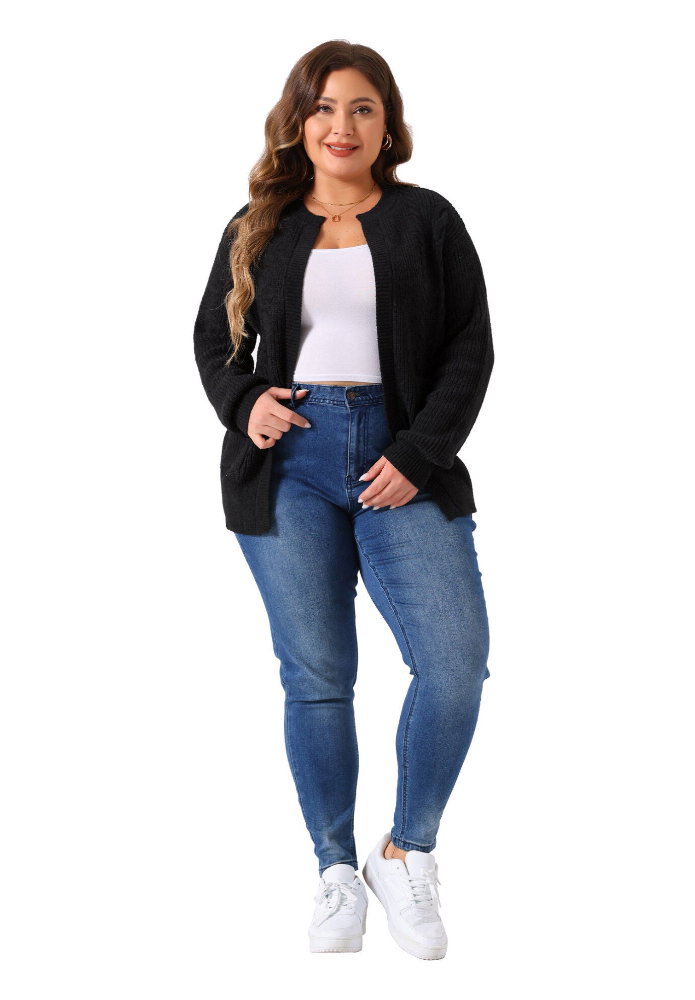 Long Sleeve Crew Neck Knit Cardigan Sweaters with Pockets, Black / Black, hi-res image number 0