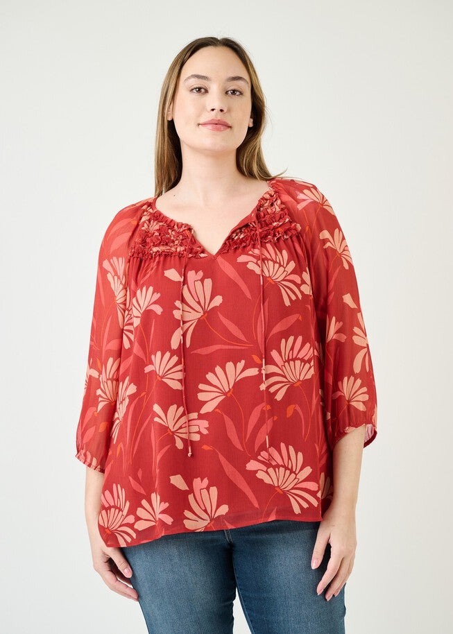 Adalee 3/4 Sleeve Floral Top, N681 Wine / Red, alternate image number null