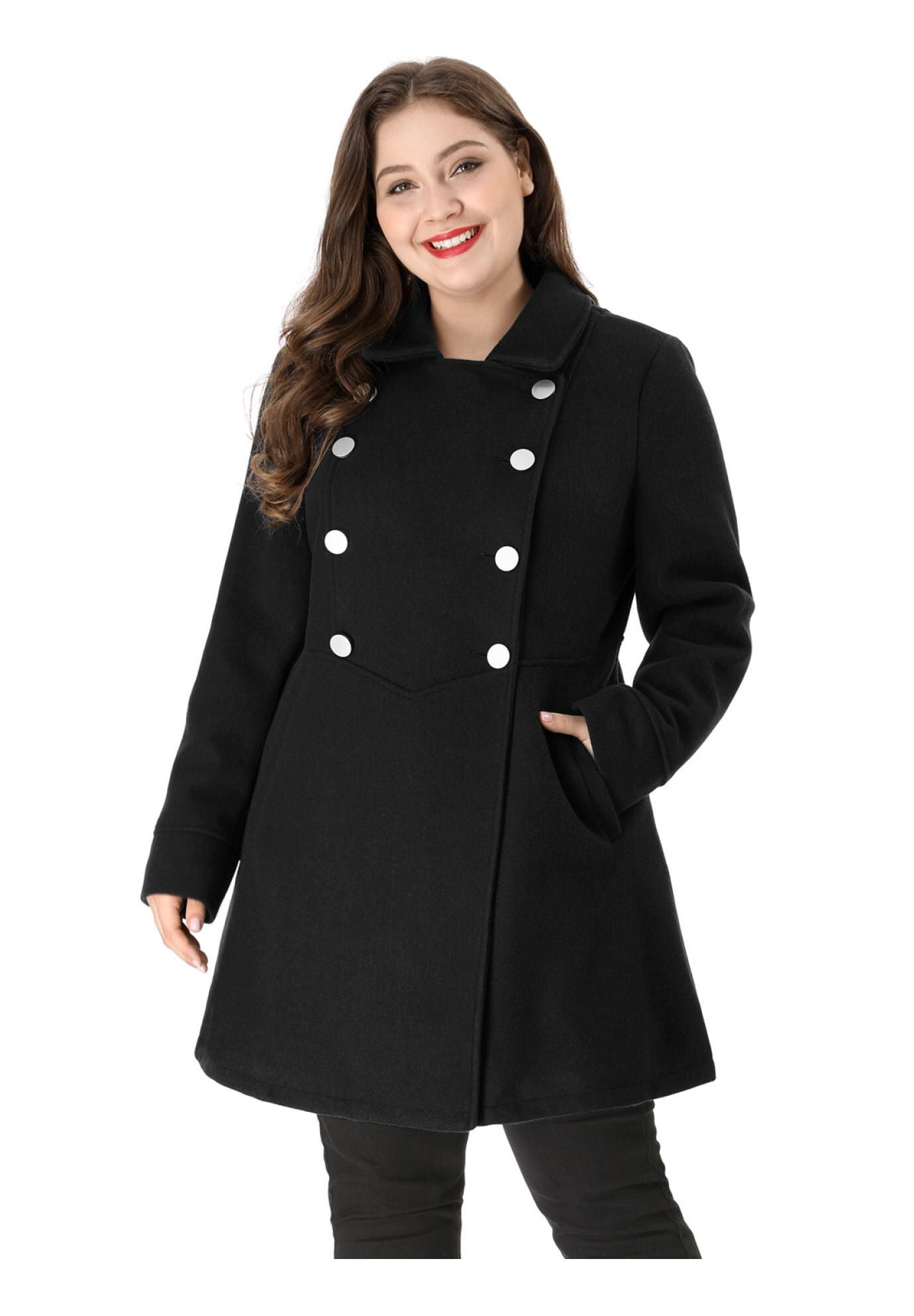 A-LINE PETER PAN COLLAR DOUBLE BREASTED PEACOAT, Black / Black, hi-res image number 0