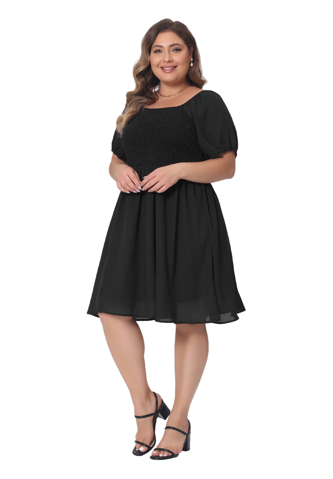Smocked Square Neck Short Sleeve Stretchy Midi Dress, Black / Black, hi-res image number 0