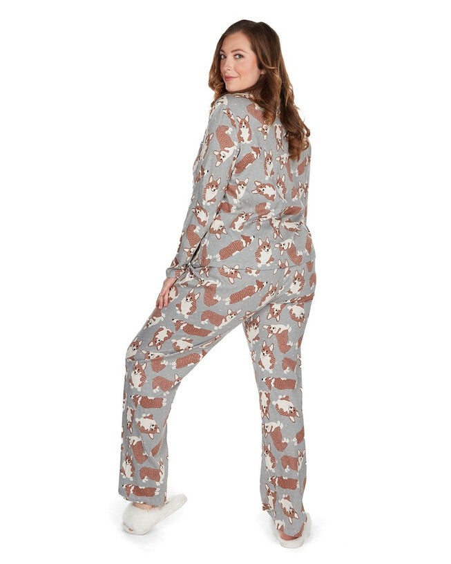 Women's Corgi Dog Print Cotton Blend Matching Pajama Set, Gray Heather / Warm Grey, alternate image number null