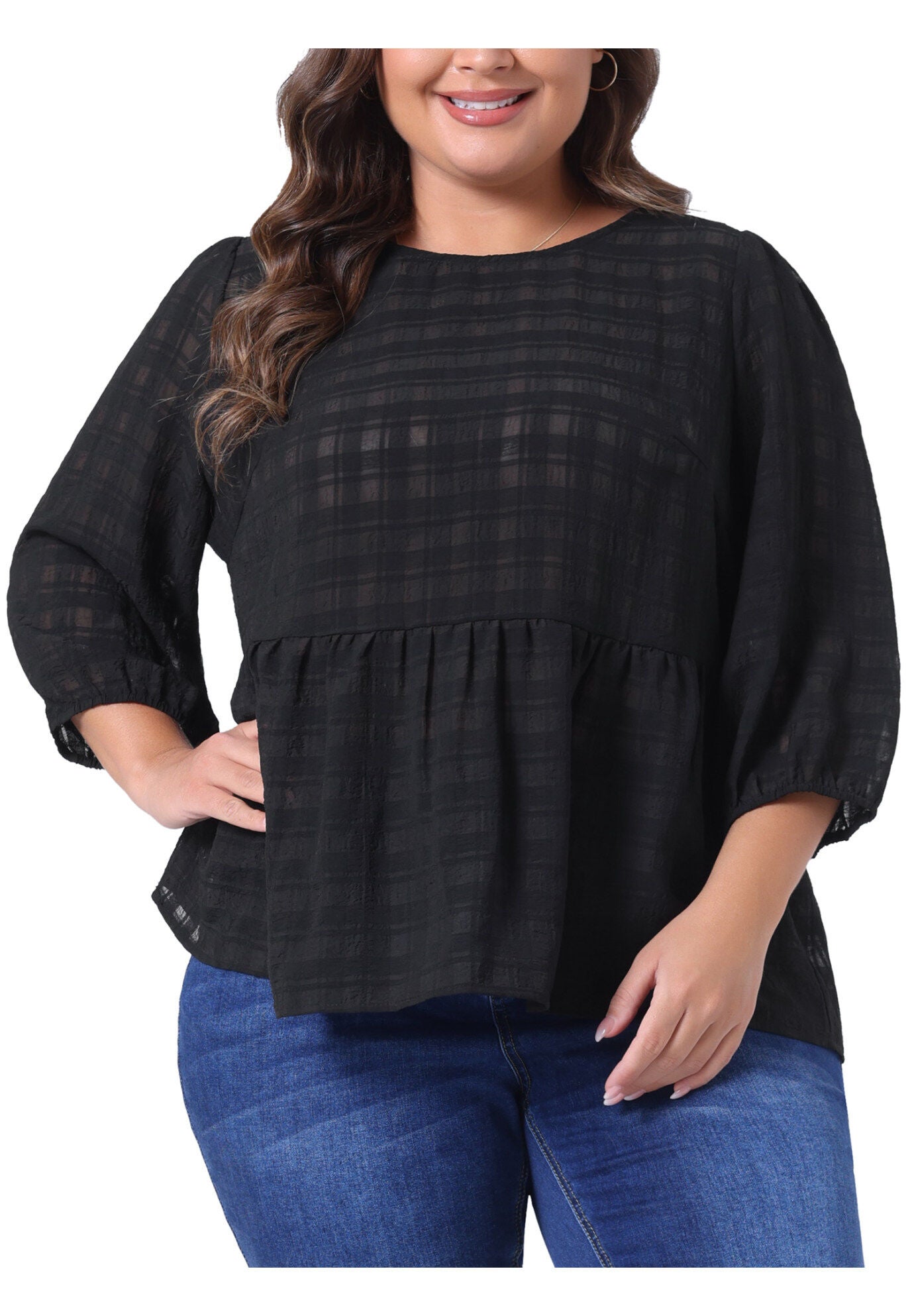 Babydoll Blouse Round Neck 3/4 Puff Sleeve Tiered Peplum Top, Black / Black, alternate image number 2