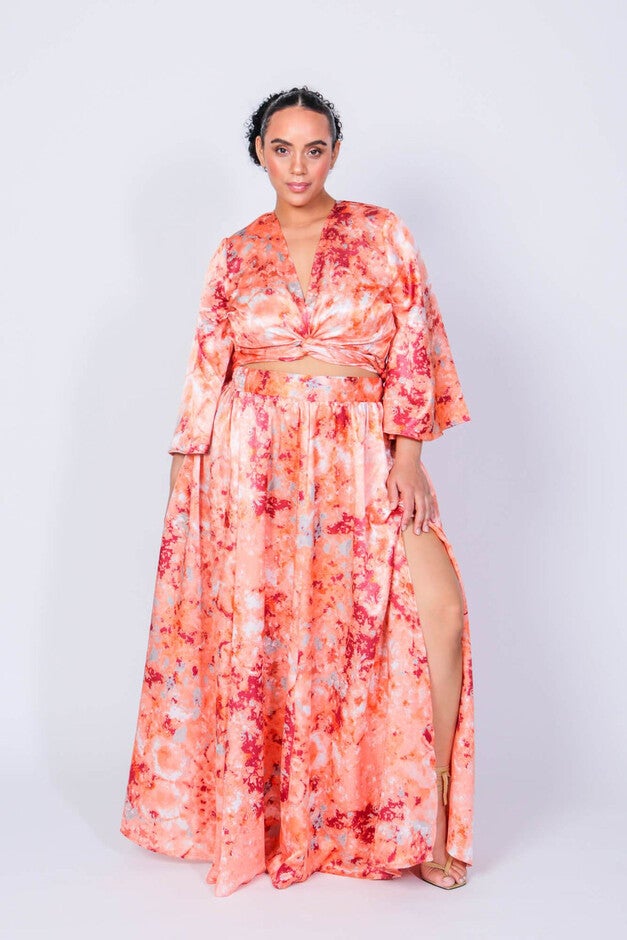 Donny & Marie Bell Sleeve Wrap Crop Top, Rosey Swirl / Orange, alternate image number 3