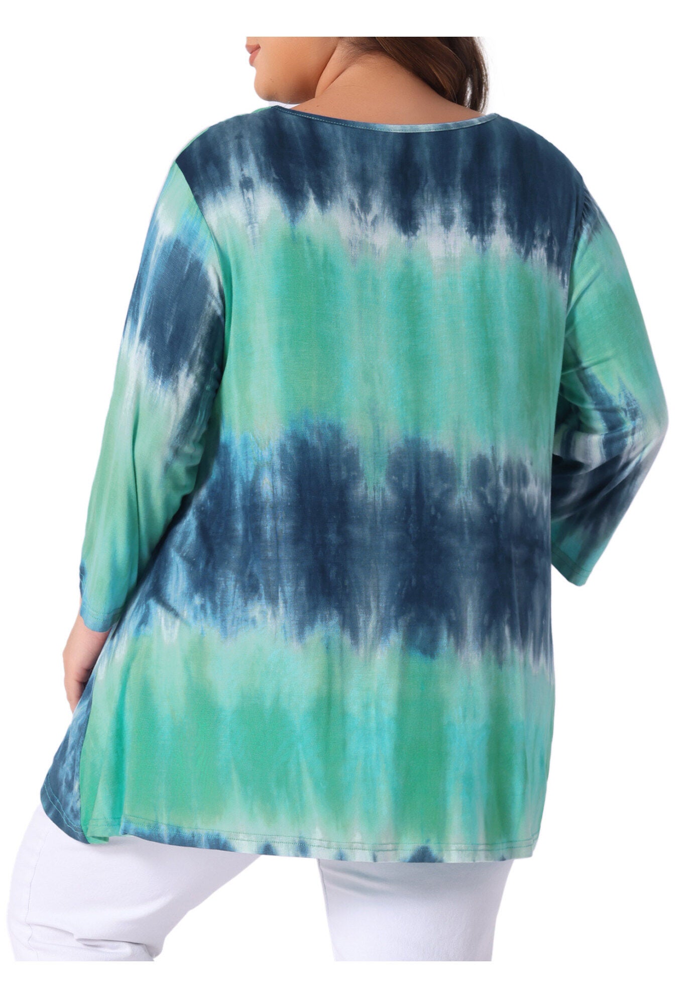 Elbow 3/4 Sleeve Loose Fit Tie Dye Tunic Top, Blue Green / Turquoise, alternate image number 3