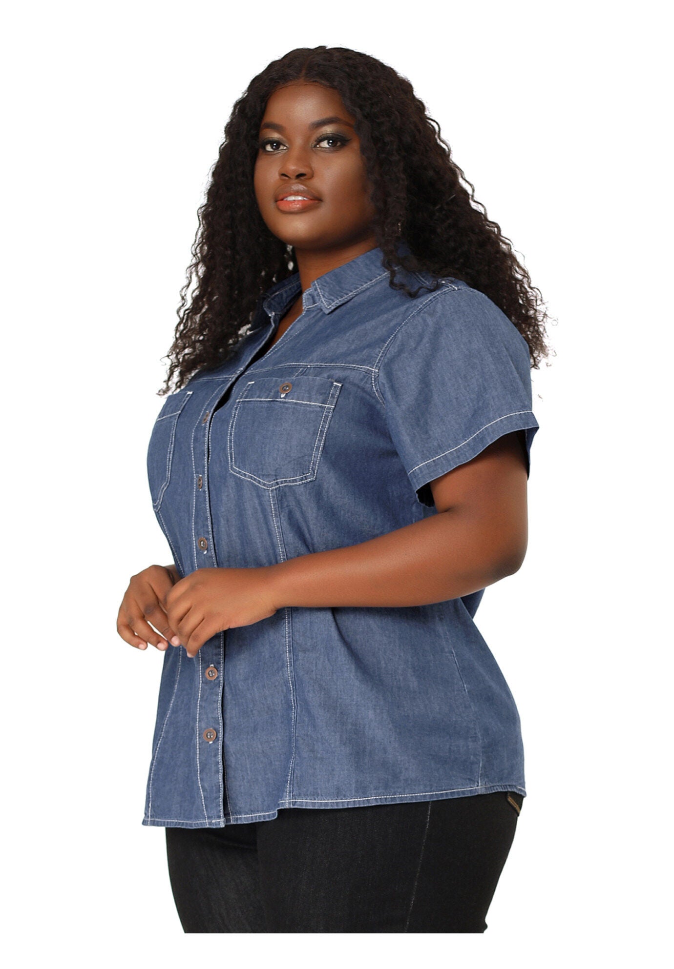 Short Sleeve Chambray Button Down Denim Shirt, Blue / Chambray Denim Medium, alternate image number 3