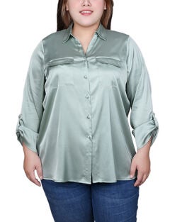 3/4 Sleeve Roll Tab Satin Blouse