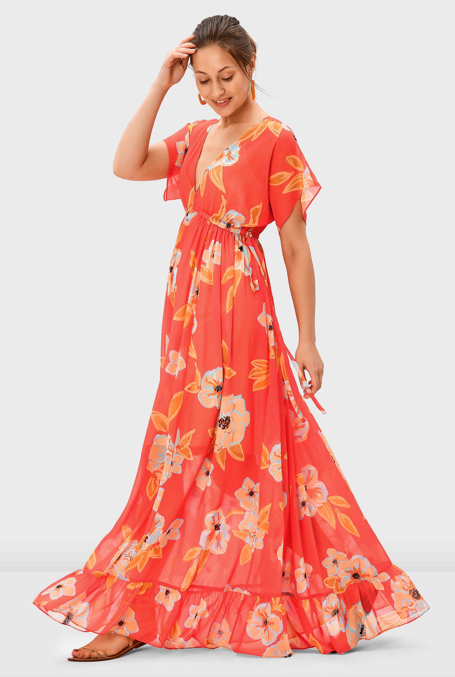 Floral Print Georgette Drawstring Empire Maxi Dress, , alternate image number 6