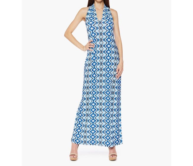 MAXI-LENGTH V-NECK MICROFIBER SLEEVELESS DRESS IN FORTUNE (BRIGHT BLUE VERTICAL DIAMOND PATTERN), Fortune Bright Blue Vertical Diamond Pattern / Light Blue, hi-res image number null