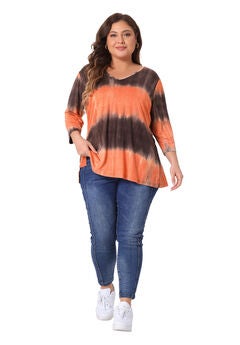 V Neck 3/4 Sleeve Loose Casual Striped Tie Dye Print T-Shirt Top
