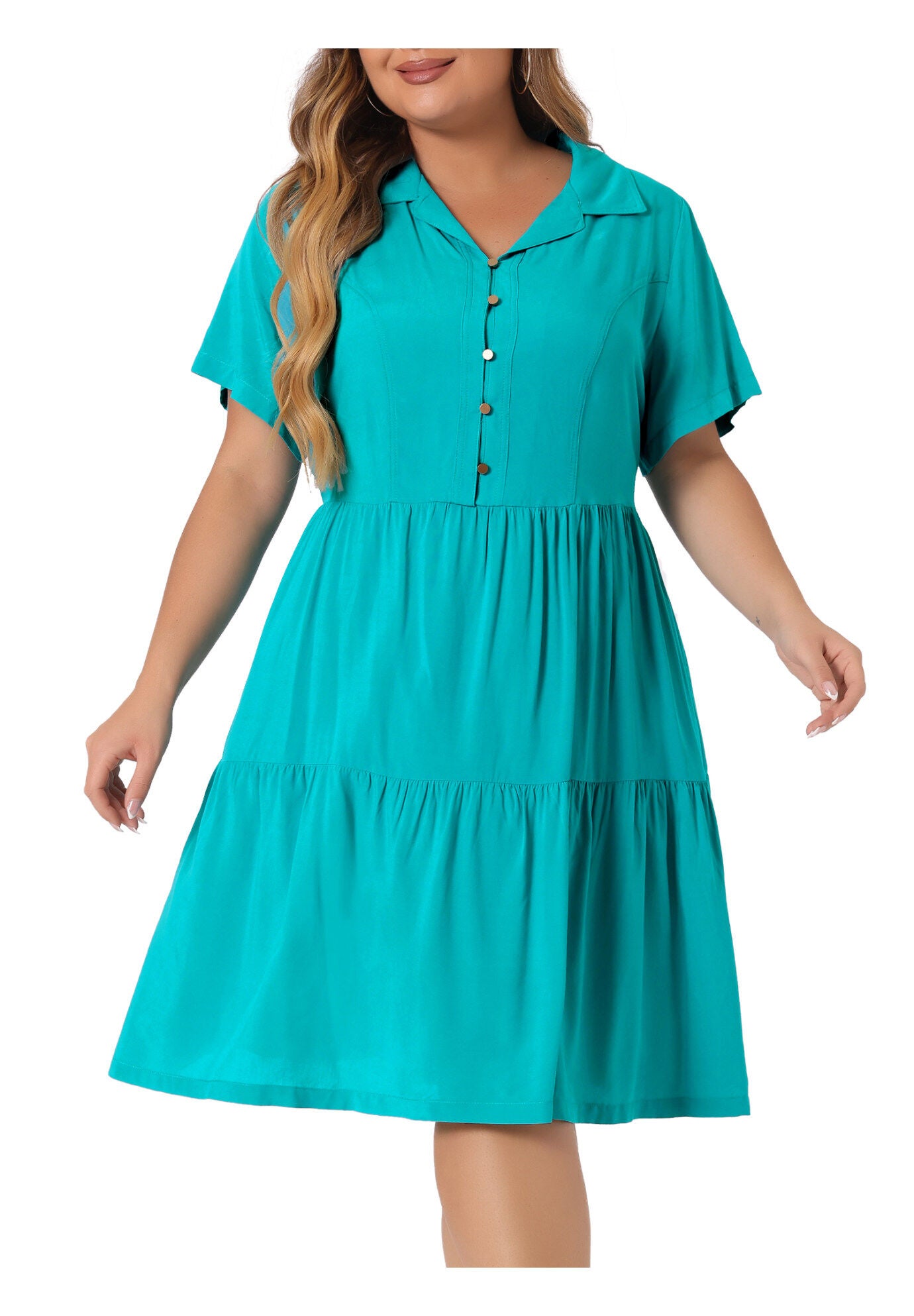 Short Sleeve Button Down Flowy Tiered Shirt Chambray Dress, Blue Green / Turquoise, alternate image number 2