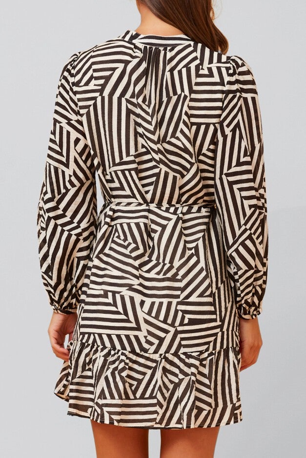 Sylvana Dress Long Puffy Sleeve Geo Print, Black / Black, alternate image number 2