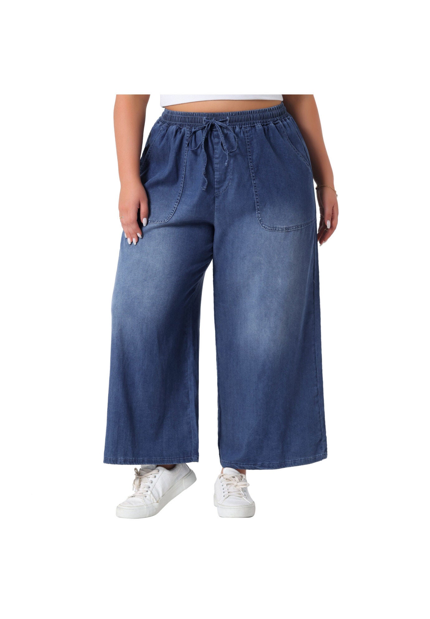 Drawstring Waist Wide Leg Chambray Palazzo Pants, Blue / Navy, alternate image number 2