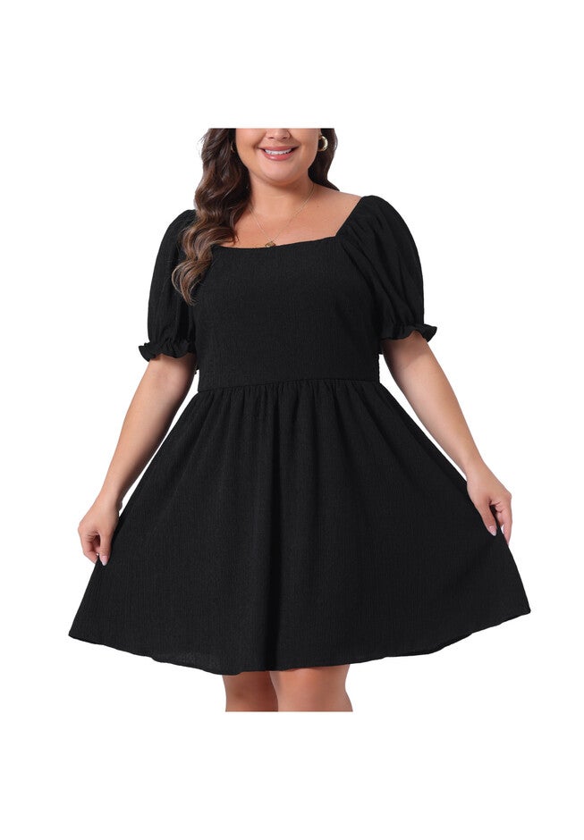 Square Neck Puff Sleeve A-Line Mini Short Dress, Black / Black, alternate image number 4