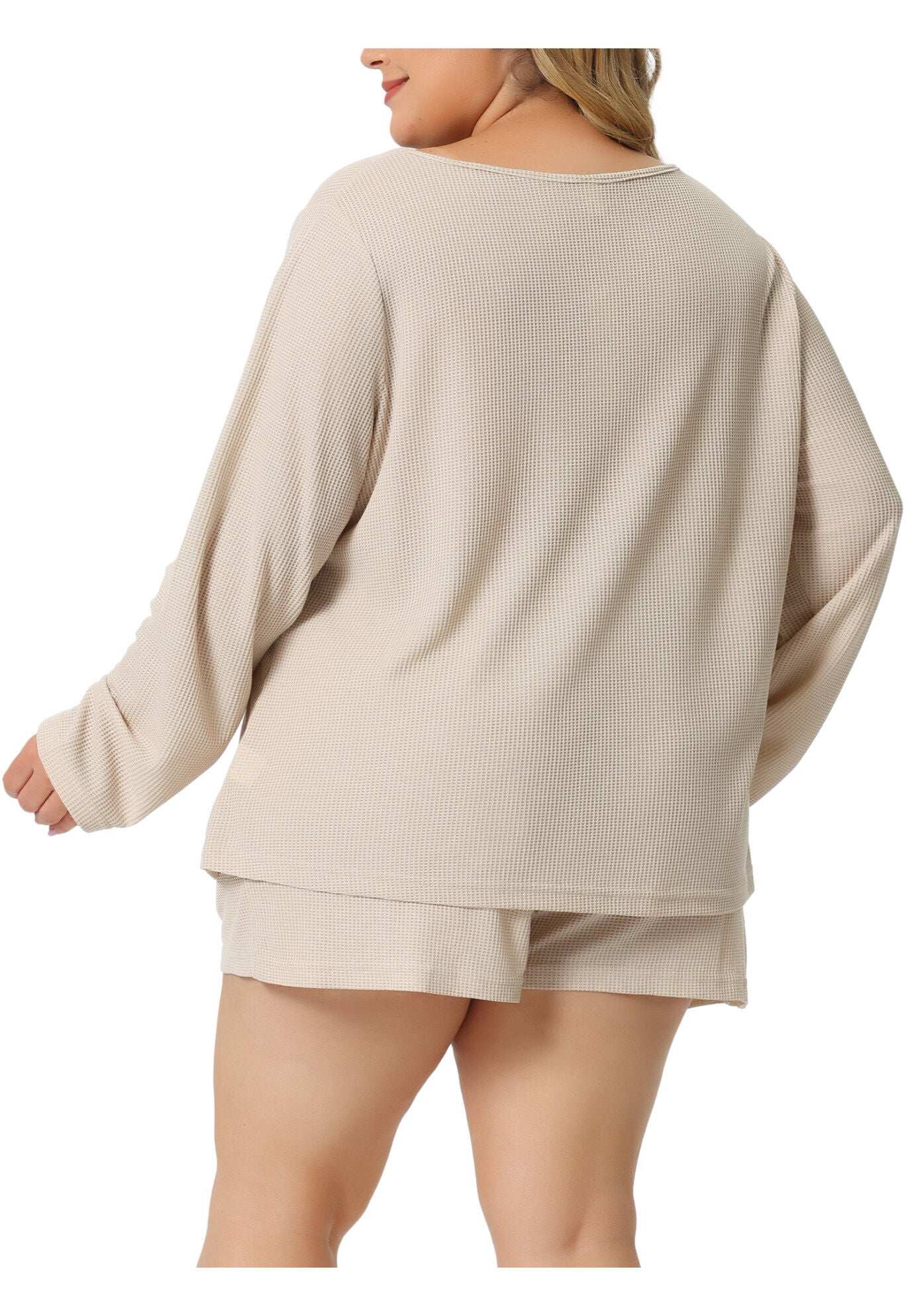 Waffle 2 Piece Long Sleeved Top and Shorts Pajama Sweatsuits Set, Beige / Beige, alternate image number 3