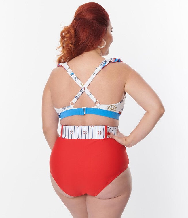 Unique Vintage White & Blue Nautical Print Ruffle Swim Top, , alternate image number null