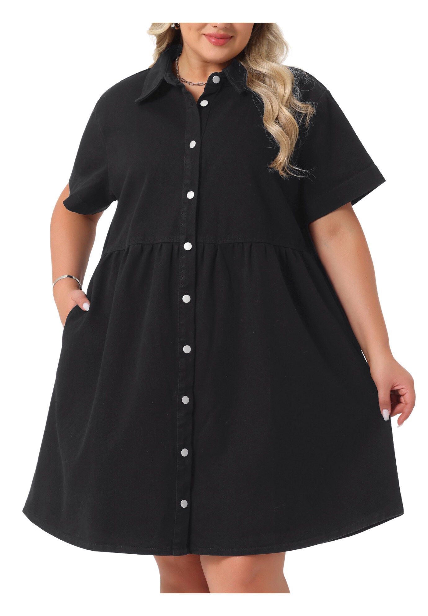 Denim Babydoll Tiered Short Sleeve Button Down Jean Shirt Dress, Black / Black, alternate image number 2