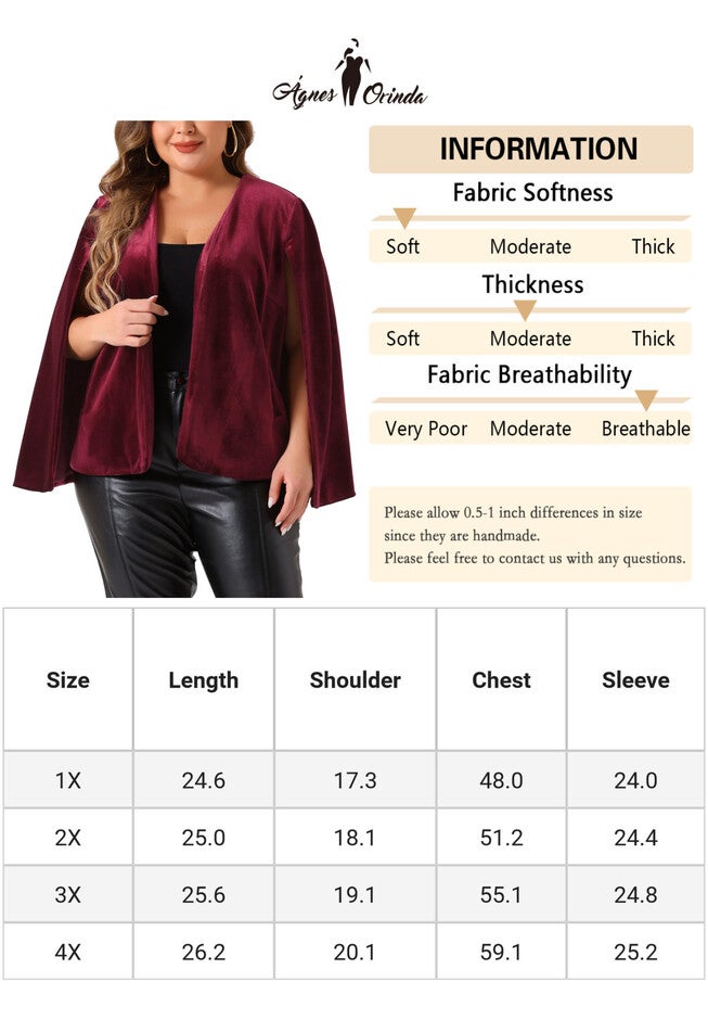 ELEGANT SPLIT OPEN FRONT VELVET CAPE BLAZER, Burgundy / Red, alternate image number 4